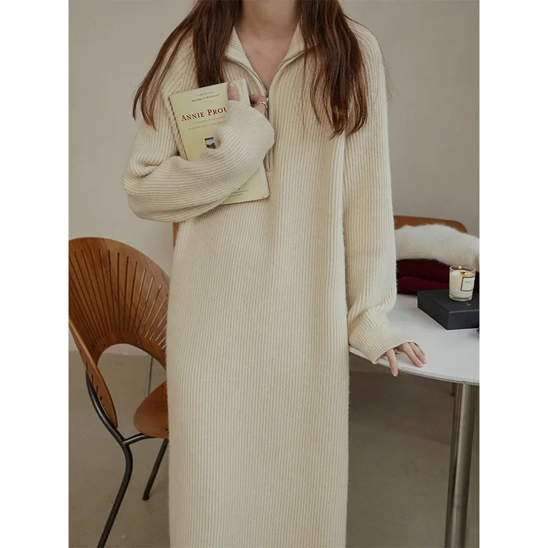 

Lazy over the knee mid-length lapel loose sweater dress for women in autumn and winter with base knitting