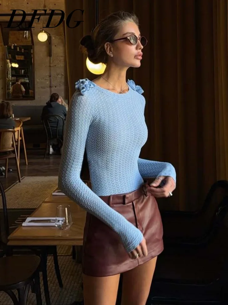 

Женская фактурная вязаная блузка DFDG Весна-Лето 2026 с рюшами на плечах, длинным рукавом, приталенная, повседневная, элегантная, однотонная