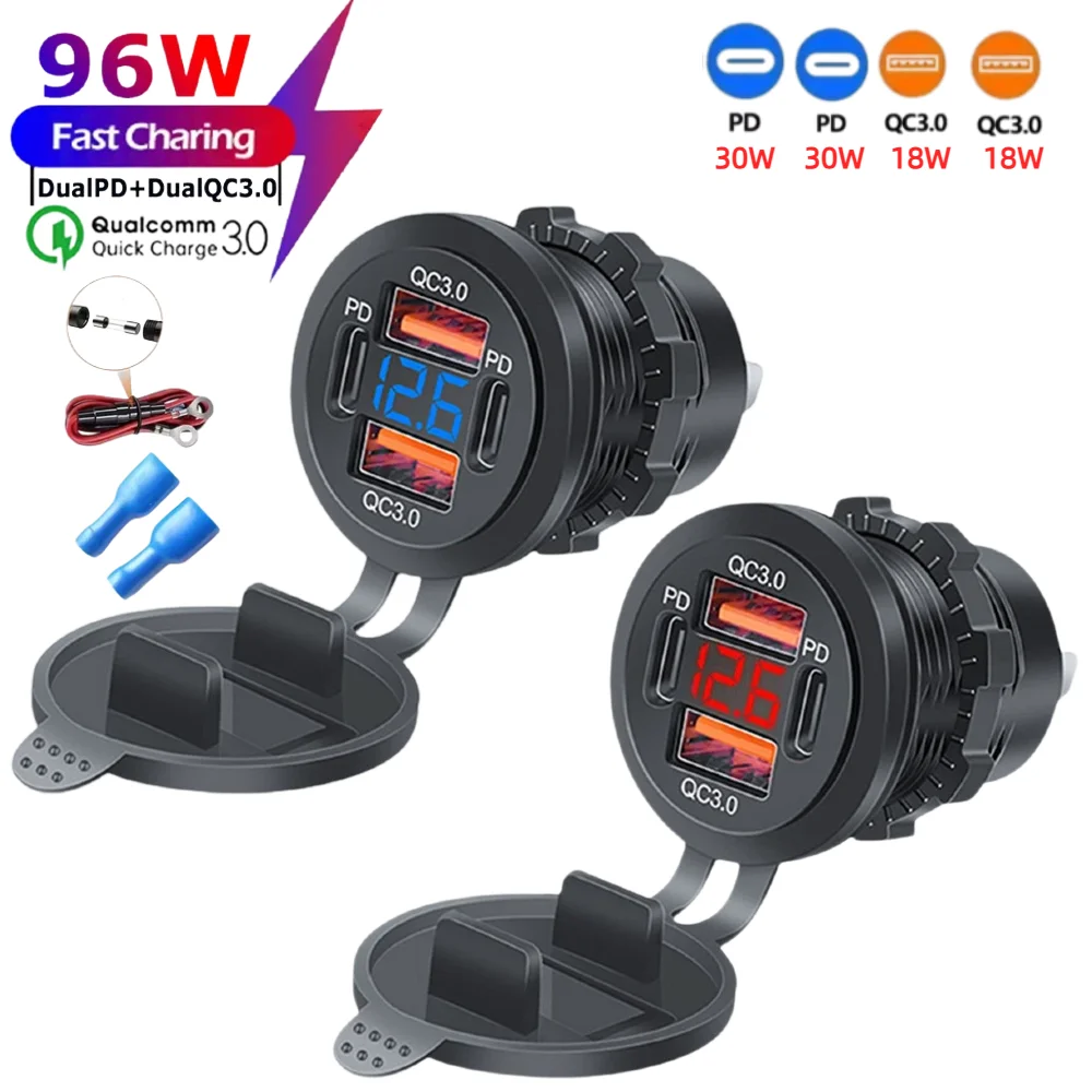 Prise de chargeur de voiture 96W à 4 ports, double PD, double QC3.0, chargeur rapide avec voltmètre, prise d'alimentation USB 12-24V pour voiture, camion, bateau, marine