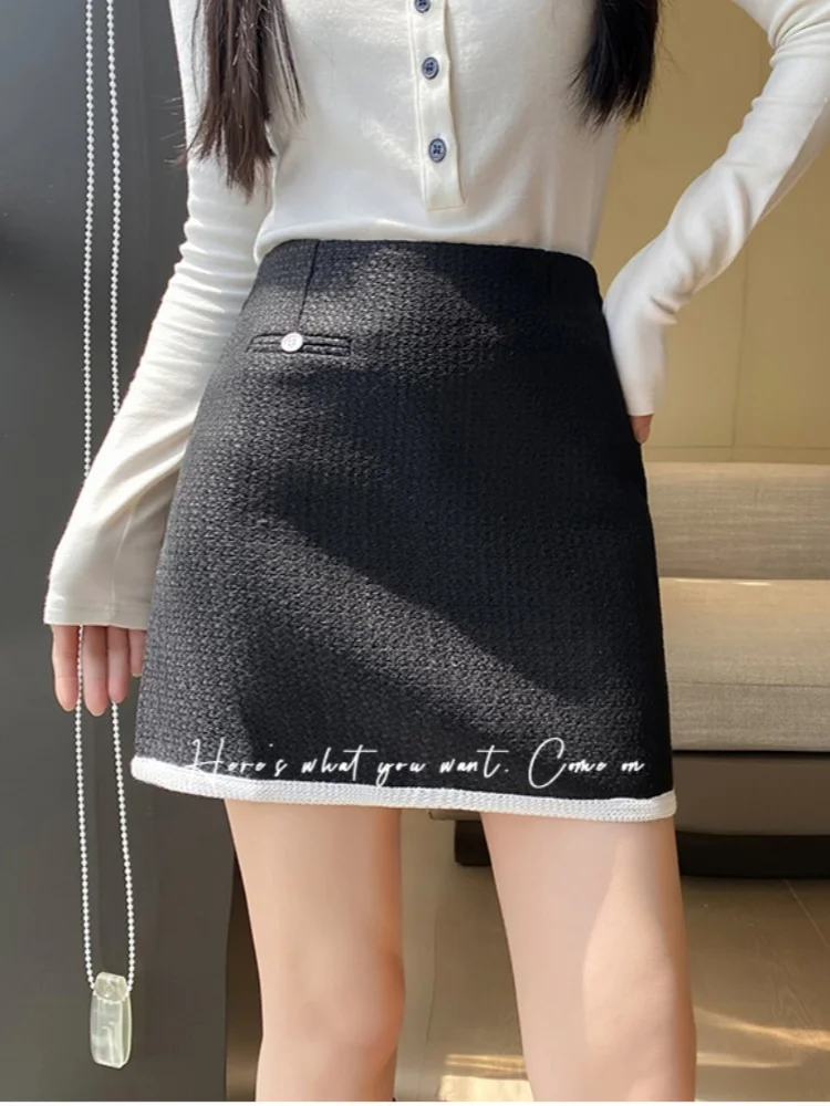 

SMTHMA, новинка 2025, осенняя твидовая юбка с высокой талией, модная маленькая ароматная черно-белая шерстяная короткая юбка трапециевидной формы