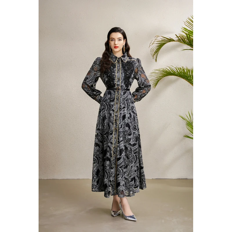 فستان ماكسي نسائي عتيق لخريف 2025 مع حواف ذهبية بروش مطرز بحاشية واسعة ودانتيل أنيق ملابس سهرة رسمية