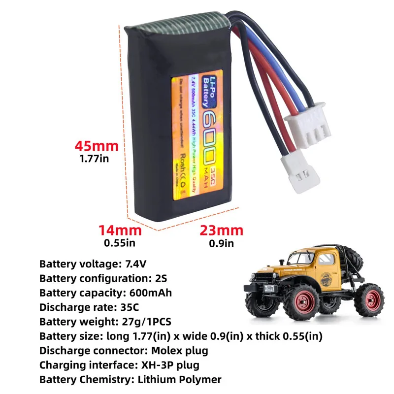 2PCS 7.4V 600mAh 35C 2S Lipo Battery With Molex Plug +2-In-1 Charger For FMS FCX24 RC Cars,Trucks,And RC Electric Climbing Cars