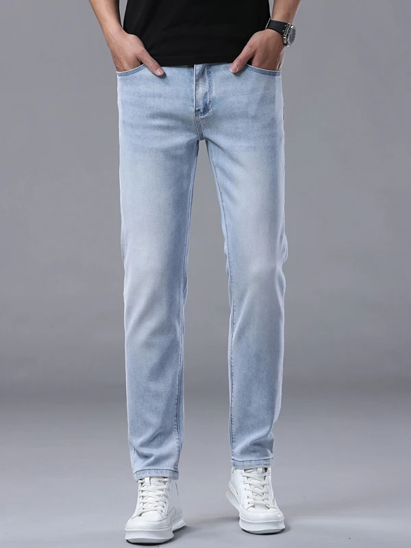 

Мужские джинсы цвета шампань, зауженные, эластичные, повседневные, длинные брюки, весна-лето, модные, из хлопкового стрейч-денима, со средней посадкой, на молнии