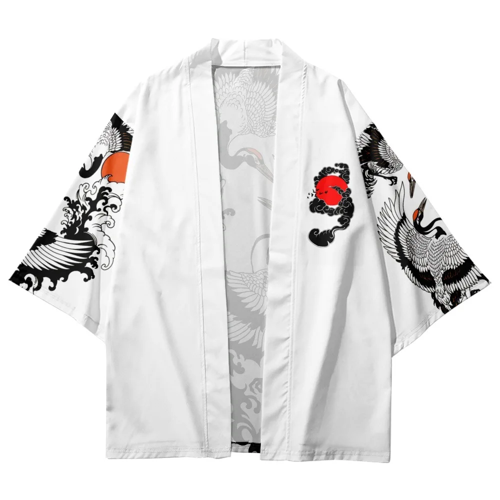 Fashion Print Black Shirt Haori  Summer Women Beach Three Quarter Kimono Men Oversized Cardigan Asian Clothing