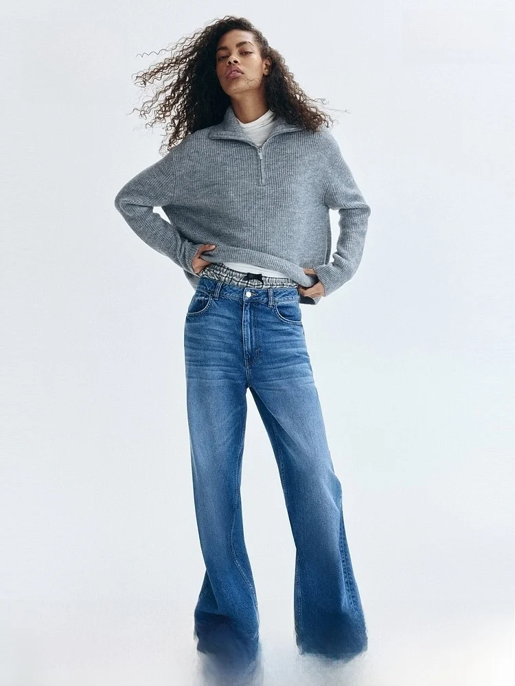 

H&M Women's Wool Knitted Sweater Spring Bookworm Nordic Sle Personali Upper Zipper T Top Casual Loose Fit Polyester W...