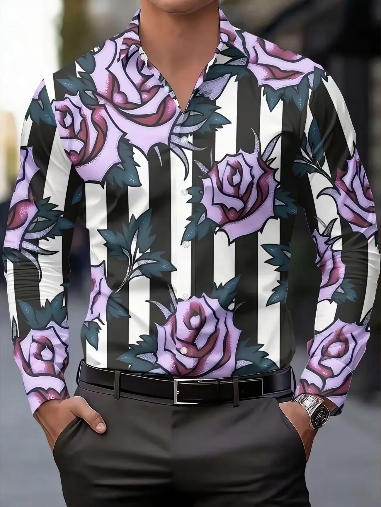 New Pink Black Contrast Grid Pattern Clover Printed Men's Long Sleeve Shirt Trendy Brand Casual Slimming Shirt