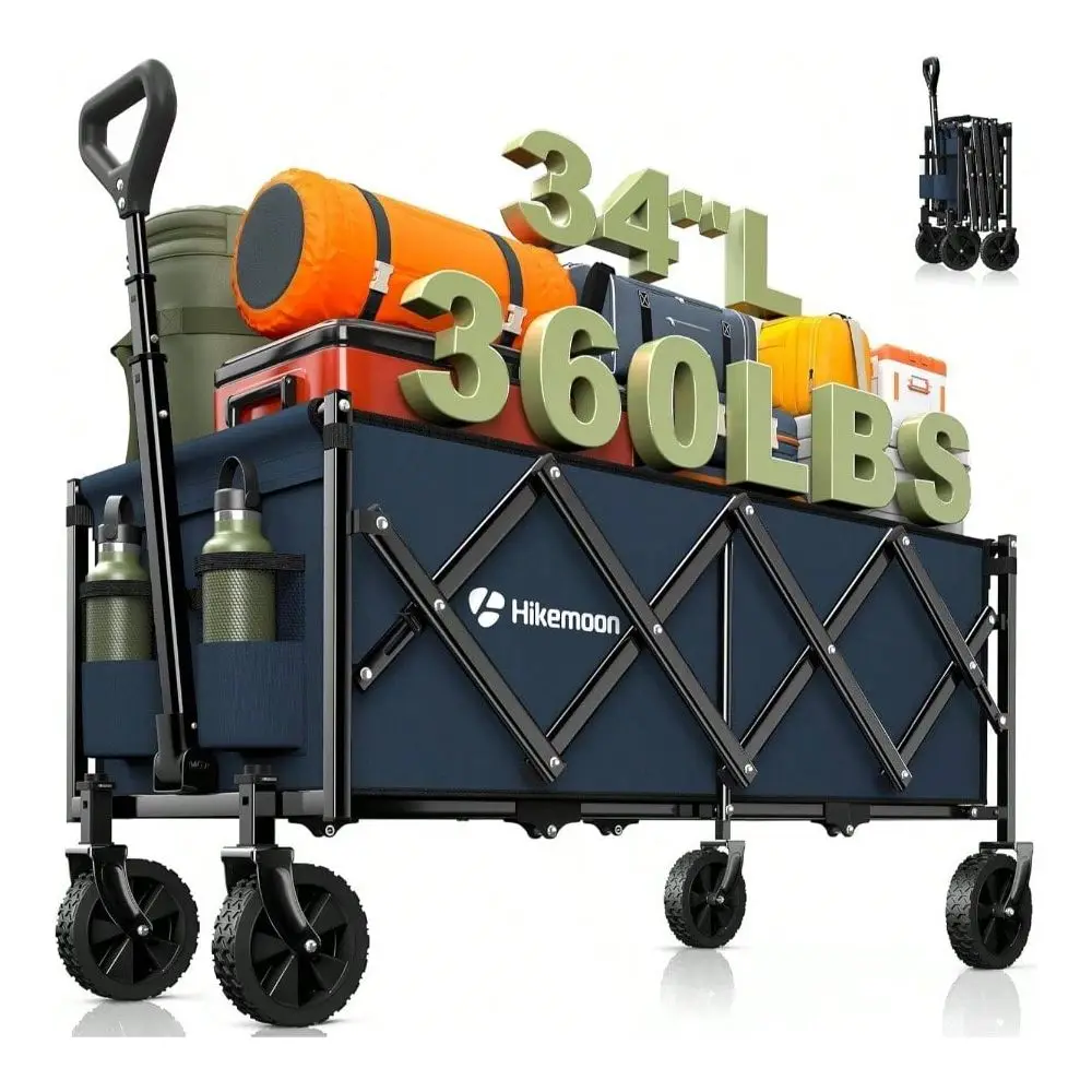 

Long Collapsible Wagons Carts Foldable, 360LBS Heavy Duty Folding Beach Wagon With Wheels, Portable Utility Outdoor Cart Grocer