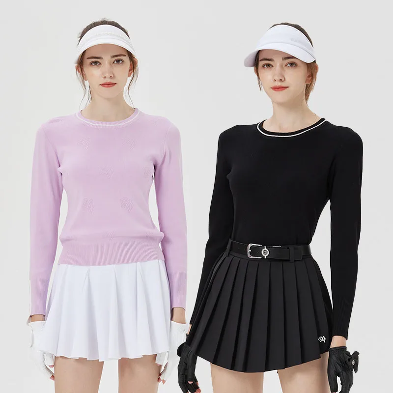 

Blktee Autumn Women Knitted Round Neck Golf Shirts Long Sleeve Tops Winter Ladies Golf Pleated Skirts Anti-light Culottes Set