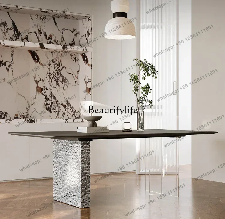 HJ Italian Suspension Stone Plate Dining Table Minimalist Stainless Steel Water Ripple Rectangular Acrylic