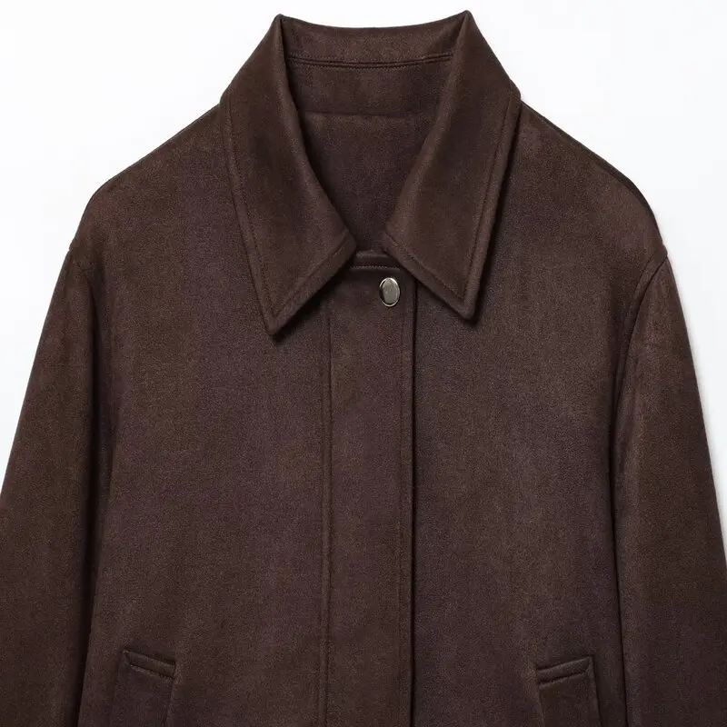 Fall 2025 New Women's Faion Leather Jaet ort Coat Long Sve Turn-down Collar Versatile Outerwear 8073254