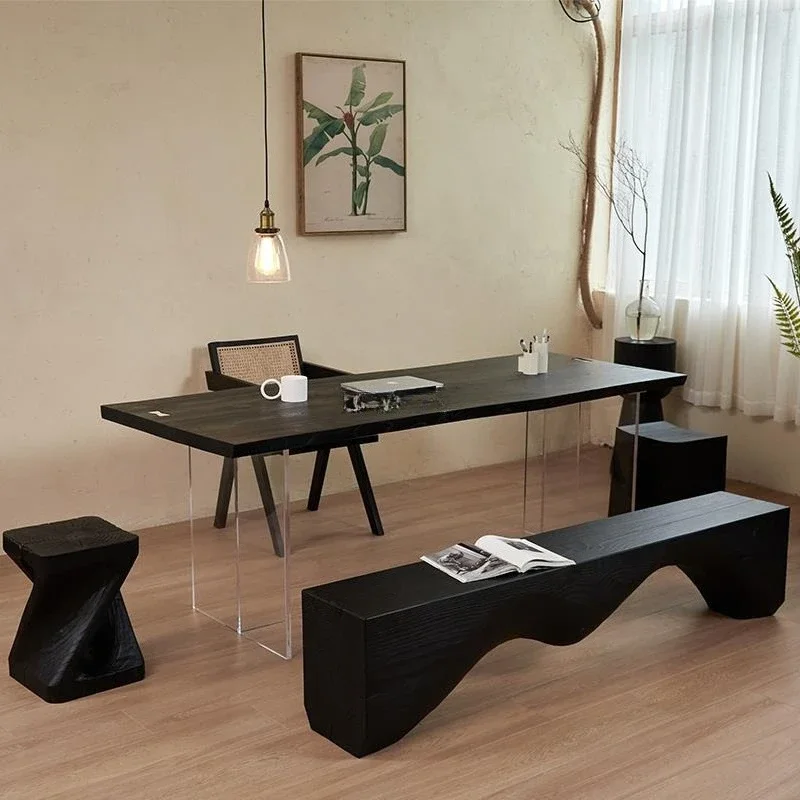 Stillwind carbonized black solid wood dining table, log large board eating table, acrylic ash wood suspended dining table