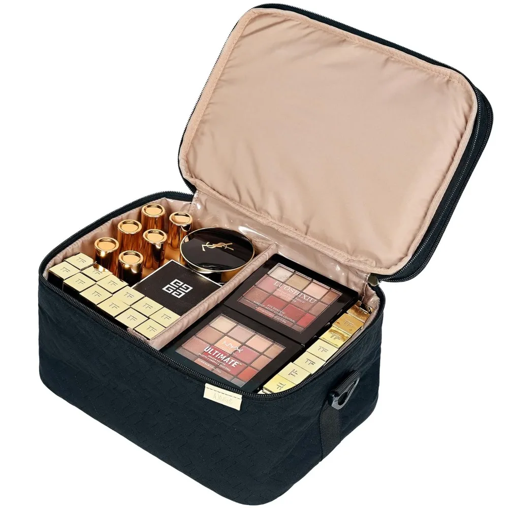 Extra Large Double Layer Travel Makeup Bag, Cosmetic Organizer Case with Shoulder Strap for Bottles, Brushes, Conditioner, Skin Care Products view 3
