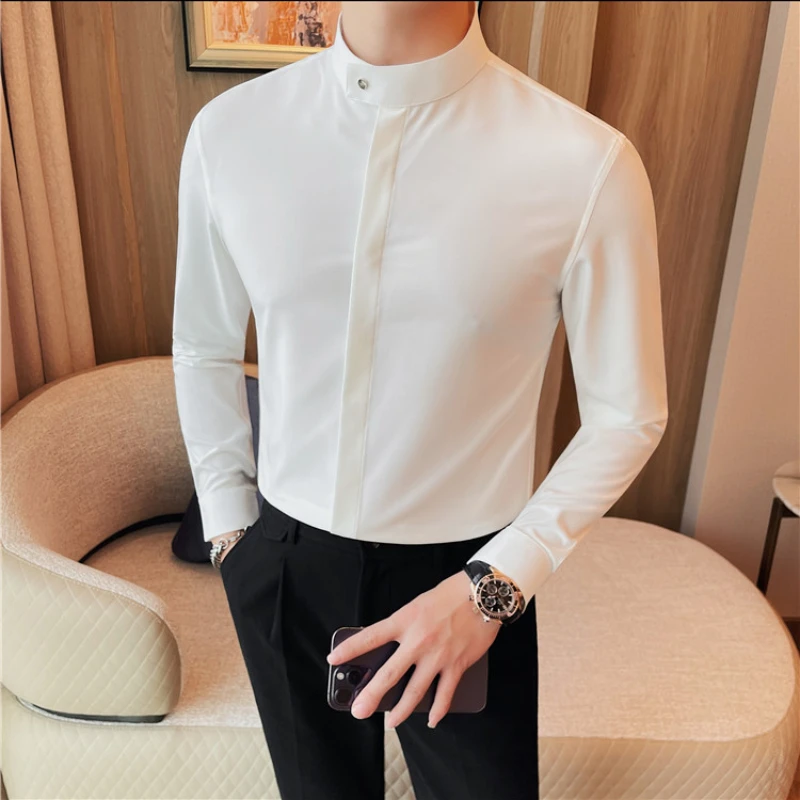 2024 Spring Stand Collar White Shirt for Men Long Sleeve Casual Business Dress Shirts Versatile Social Banquet Party Shirt M-4XL