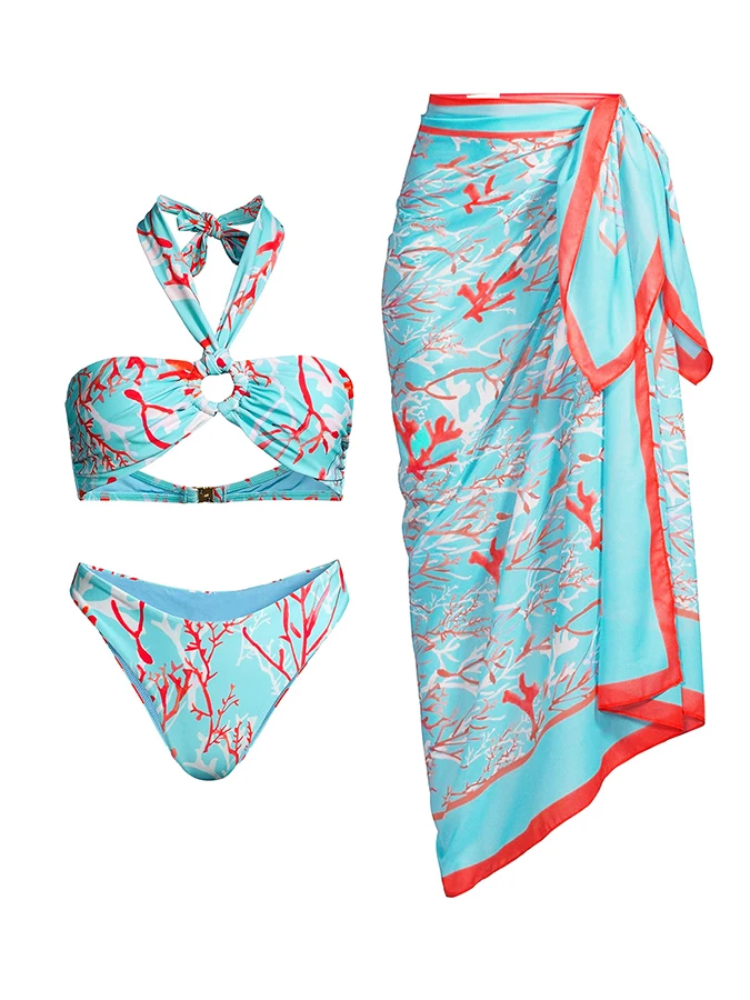 Ocean Print Bikini Set and Cover Up 2 Piece Luxury Swimwear For Female Beach Exit Swimsuit Sexy Bathing Suit New Kimono 2023