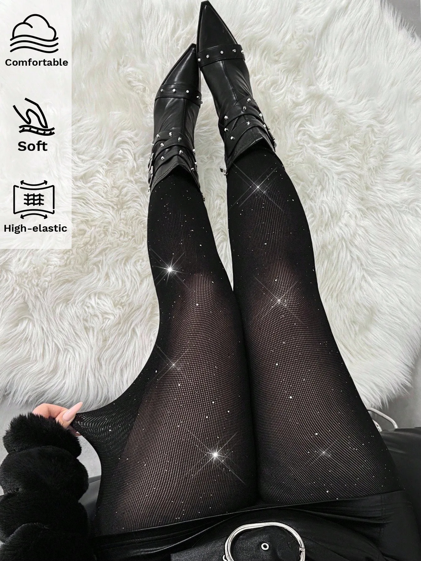 Plus Size Sparkly Sheer Tights with Rhinestones, High-Elastic Comfort Fit for Party & Evening Wear