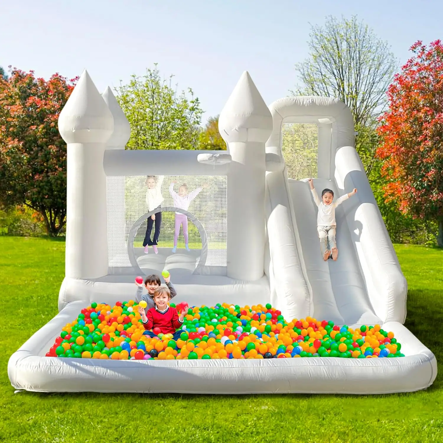 Aufblasbare Wasserrutsche-Hüpfburg, Oxford-Wasserrutsche mit Rutsche und Bällebad/Pit, weißes Hüpfhaus mit Gebläse für Kinder