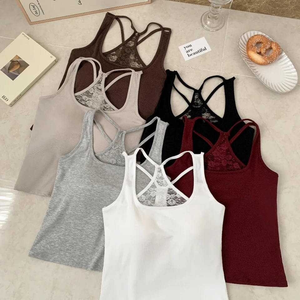 Slim Fit Lace Patchwork Hollow out Strap Vest Pure Desire Style Women's Summer New Fashion Outerwear with Fixed Band Chest Pad