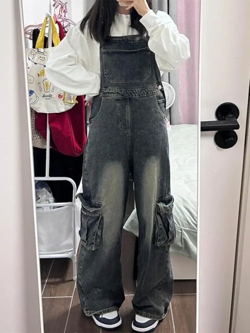 Cargo Jumpsuits Women Multi-pockets Lazy Autumn Winter Bleached Baggy All-match Streetwear Students Distressed Design Vintage