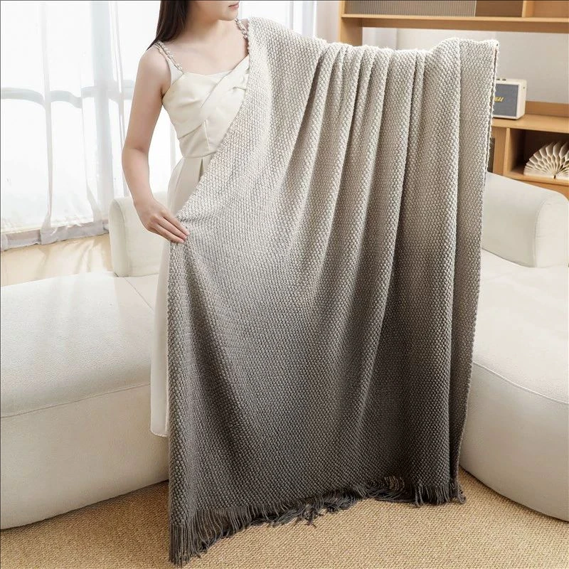 Gradient Color Throw Blanket for Bed Couch Chair Plaid Knit Throws Fall Sofa Blanket Lightweight Knitted Blanket for Home Decor