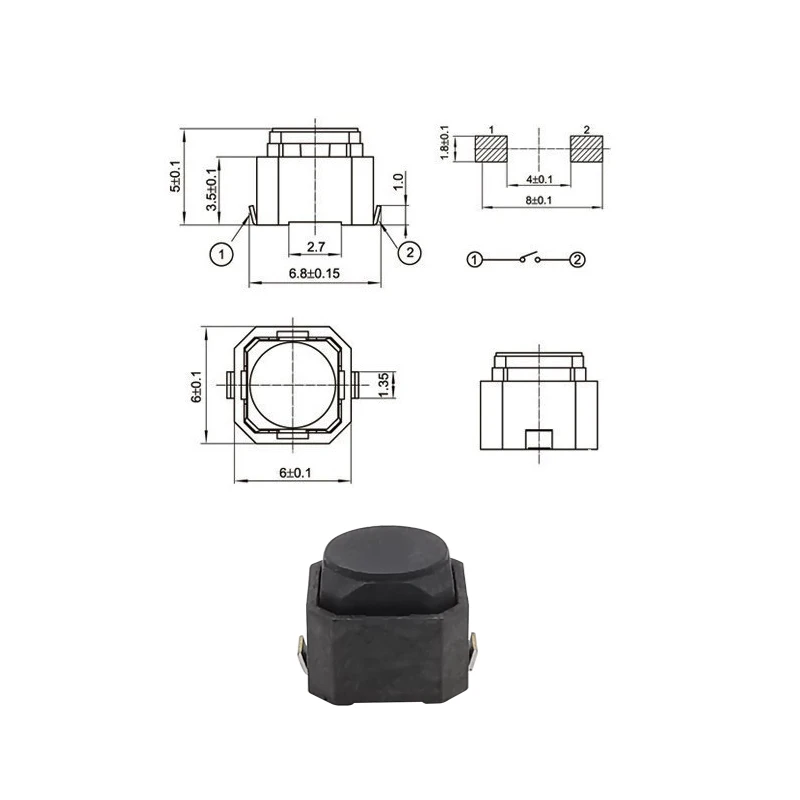 10Pcs/lot 6x6x5mm Tact Switch 6*6*5 mm 2 Pin Silent Touch Switches Silicone Push Button Tactile Switch Black