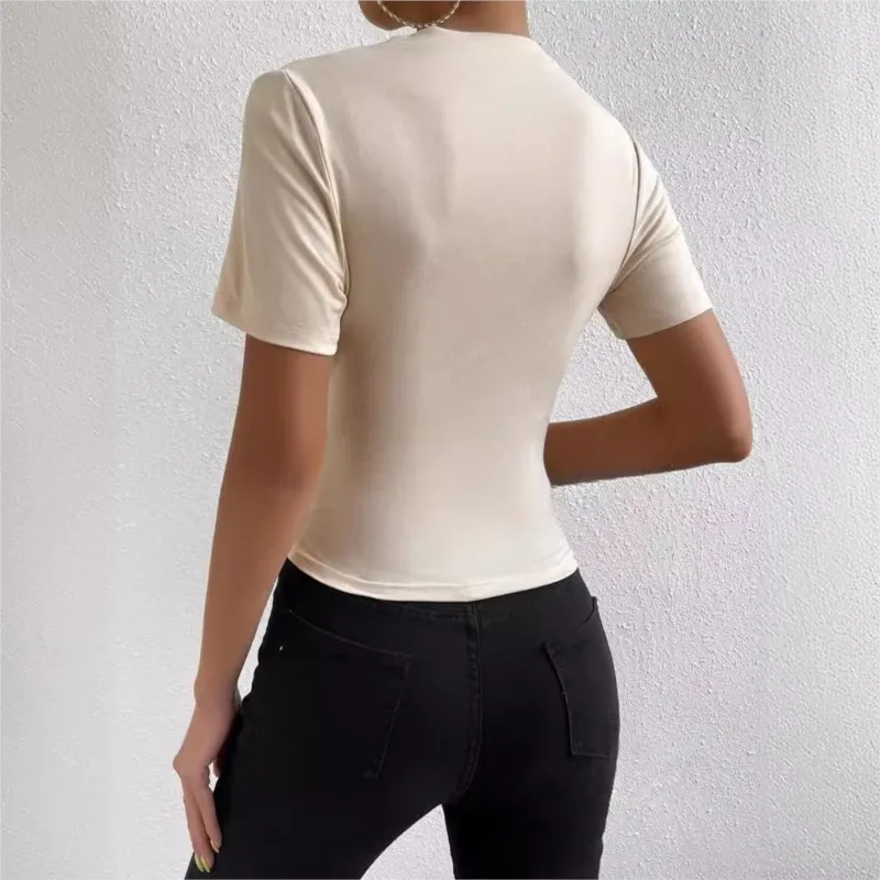 Streetwear Small High Neck Pleated Slim Fit Short Sleeved Pullover Polyester Women T-shirt Vetement Femme Tendance Vestiti Donna