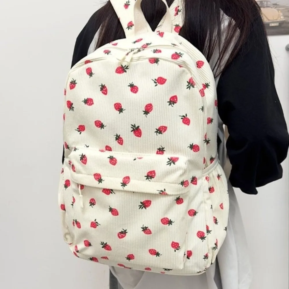 Strawberry Corduroy Backpack Solid Color Lightweight Students School Bag Adjustable Shoulder Straps Portable Students Daypack