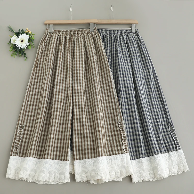 

Spring Summer New Japanes Mori Girl Vintage Plaid Lace Patchwork Wide Leg Pants Women Elastic Waist Casual Loose Cropped Pants