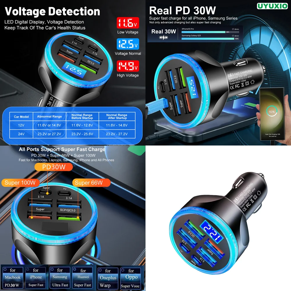 Super Fast Charging Adapter with Volt Meter Multi Port Full PD 30W USB Car Charger with Voltage Display Dropshipping Products
