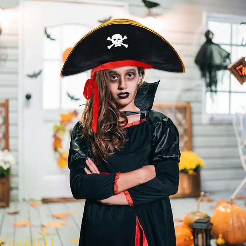 Y1UB Tricorn Hat Costume for Women Men Teenagers for Halloween Party Decorations Black Costume Cosplay Dress-up