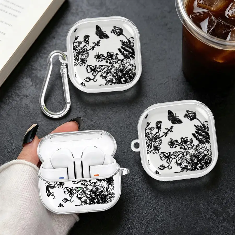 Floral Sketch Print Case For Samsung Galaxy Buds 4Pro 2 Live 3 FE 2Pro 3Pro 4 Pro Clear Earphone Cases Cover With Hook