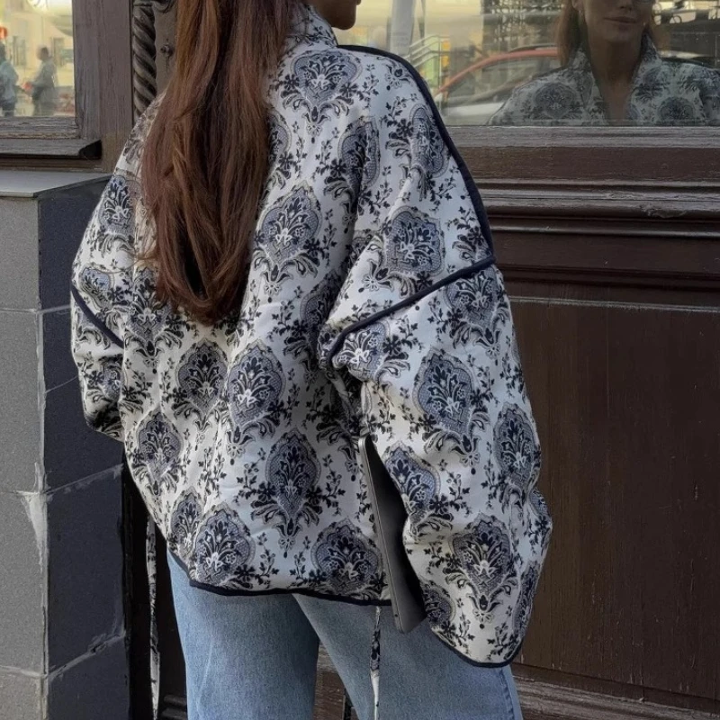 Casual and Fashionable Commuting Printed Lace Up Long Sleeved Cotton Jacket