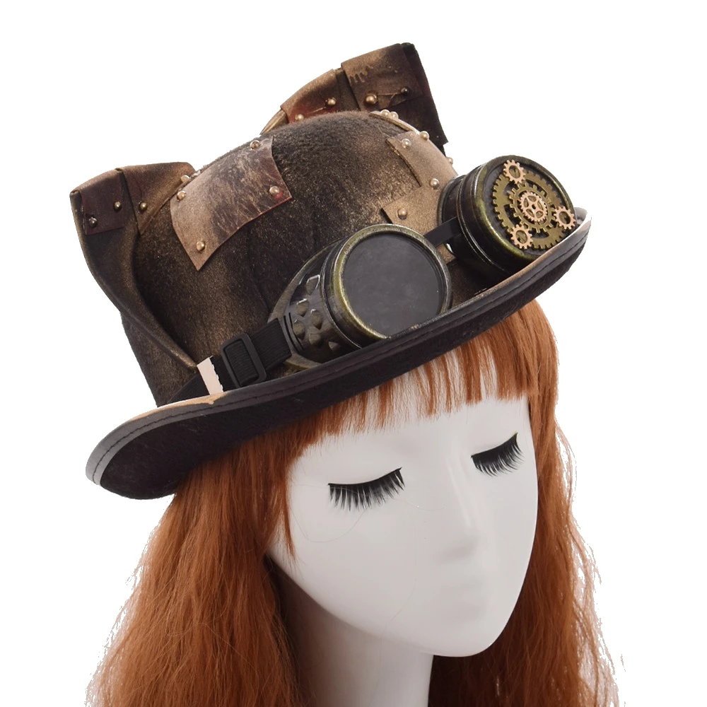 

Cat Ears Hats Lolita Gothic Punk Steampunk Top Hat for Women Handmade Fedora Bowler with Goggles