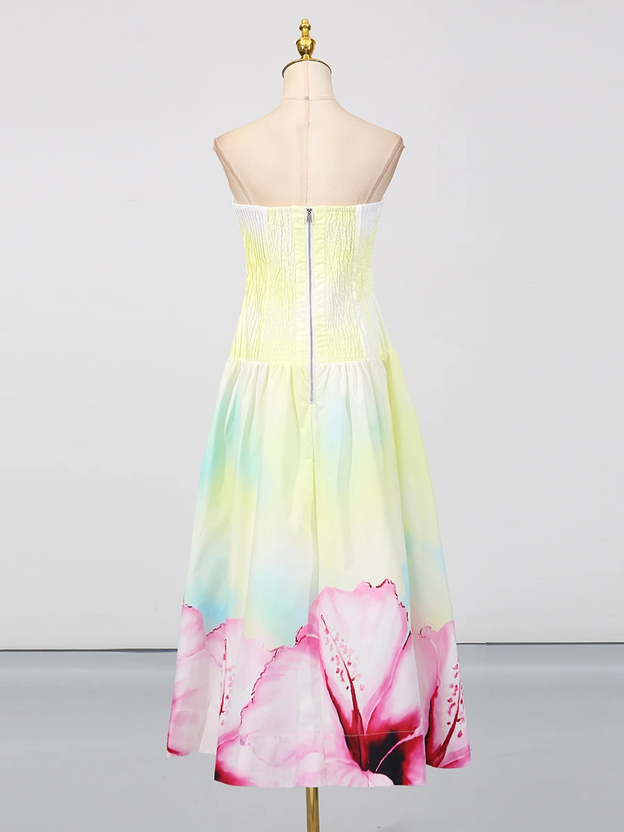 VGH Stampa a colori sfumati Abiti sexy per le donne Senza spalline Senza maniche Vita alta Patchowrk Pieghe Abito da ballo Donna Estate Nuovo