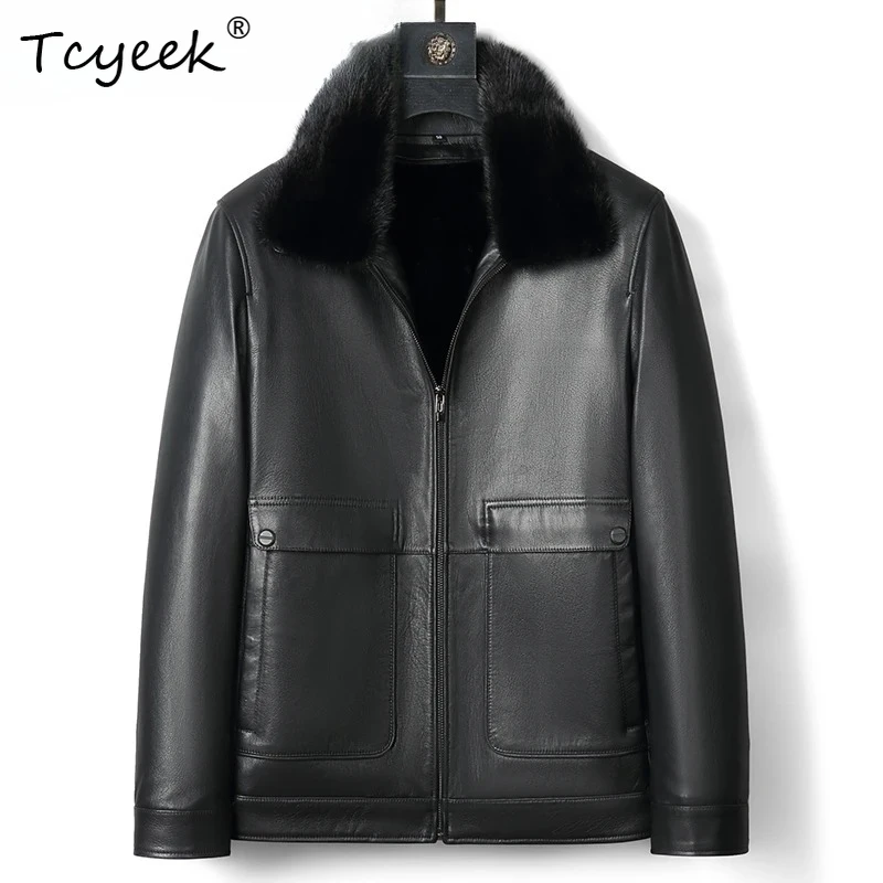 

Tcyeek Goatskin Detachable Mink Liner Autumn Winter High End Lapel Black Men's Genuine Leather Jacket Куртка Кожаная Мужская