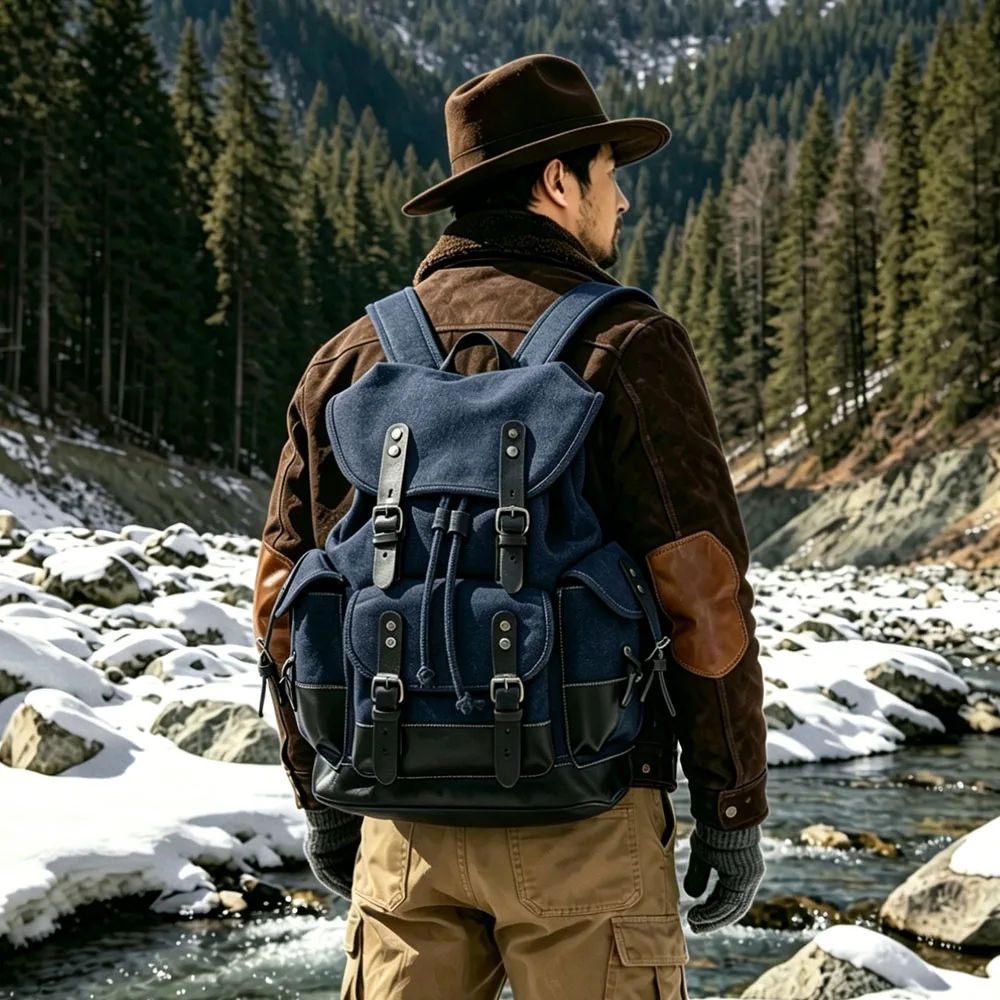 Casual Retro Outdoor Backpack Large Capacity Canvas Splicing Leather Travel Hiking Rucksack for Daily and Outdoor Activities