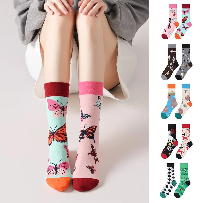 

Unisex Cartoon Animal Couple Socks AB Design Asymmetrical Sports Mid Calf Cotton Socks Fashion trend outfits
