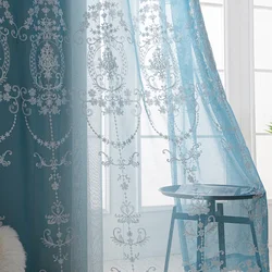 European Blue Sheer Curtains for Living Room, Luxury Embroidery Tulle, Customized White Voile Curtain, Bedroom Door, Home Decor