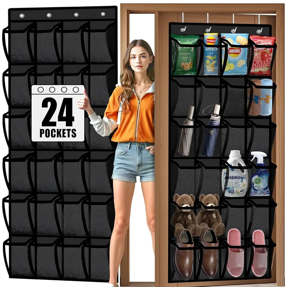 Over the Door Shoe Organizer, 24 Pockets Black Hanging Shoe Organizer Mesh Hanging Shoes Rack for Door, Large Breathable Org