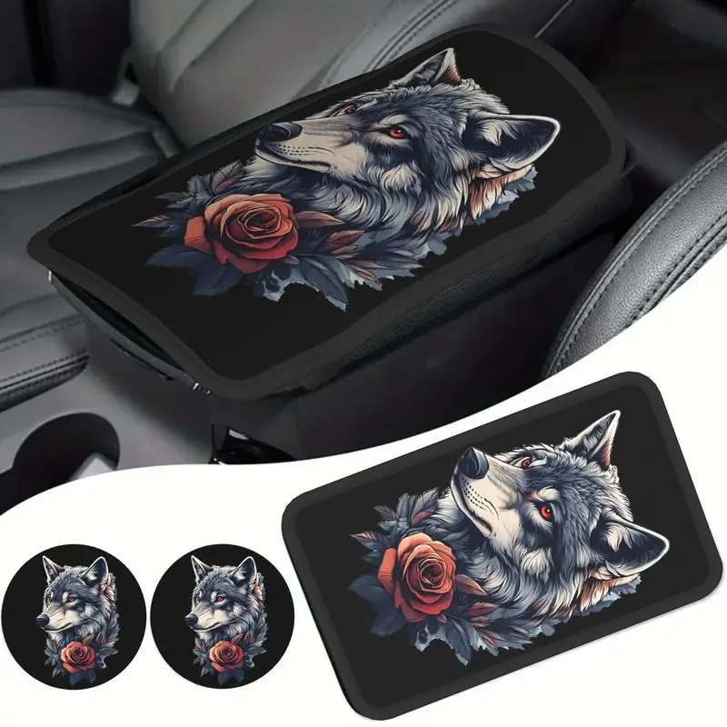 1Pc Car Armrest Cover + 2Pcs Cup Coasters, Wolf & Rose Pattern, Gothic Style Car Interior Accessory Set