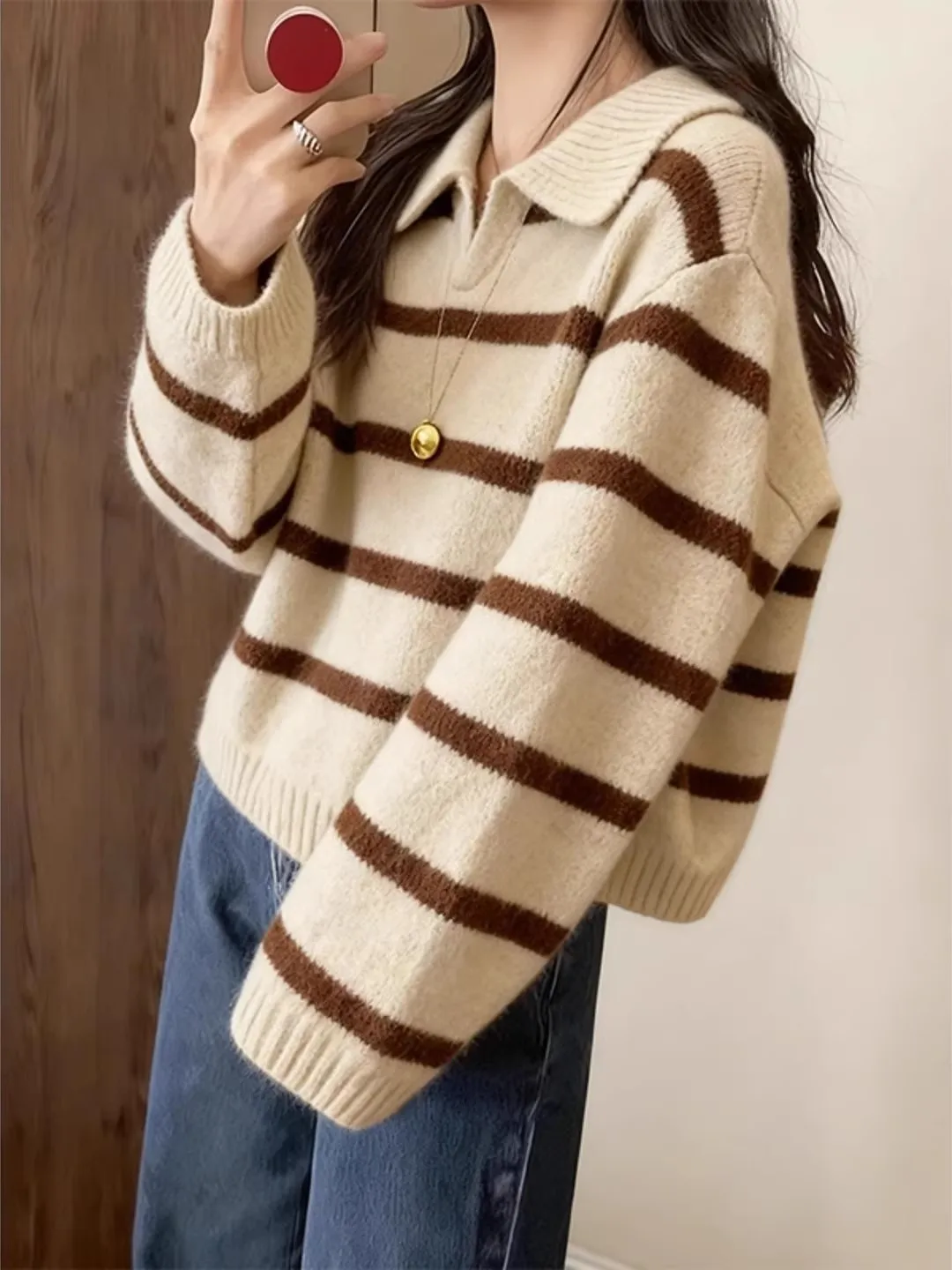 Brown Striped  Ne Knitted Sweater Loose Thiened Autumn Winter Women's Faion Commute Sle Long Sve Overhead Top