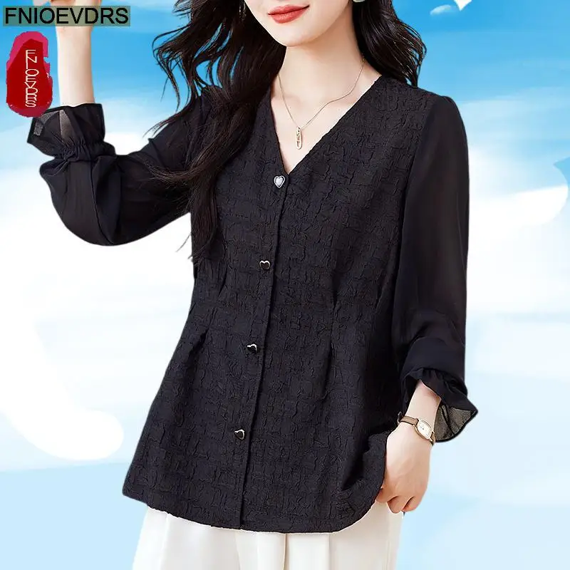 

Loose Casual Tops Blouses New Design Women Long Sleeve Solid Elegant Flare Sleeve Button Basics Office Lady Black Shirts