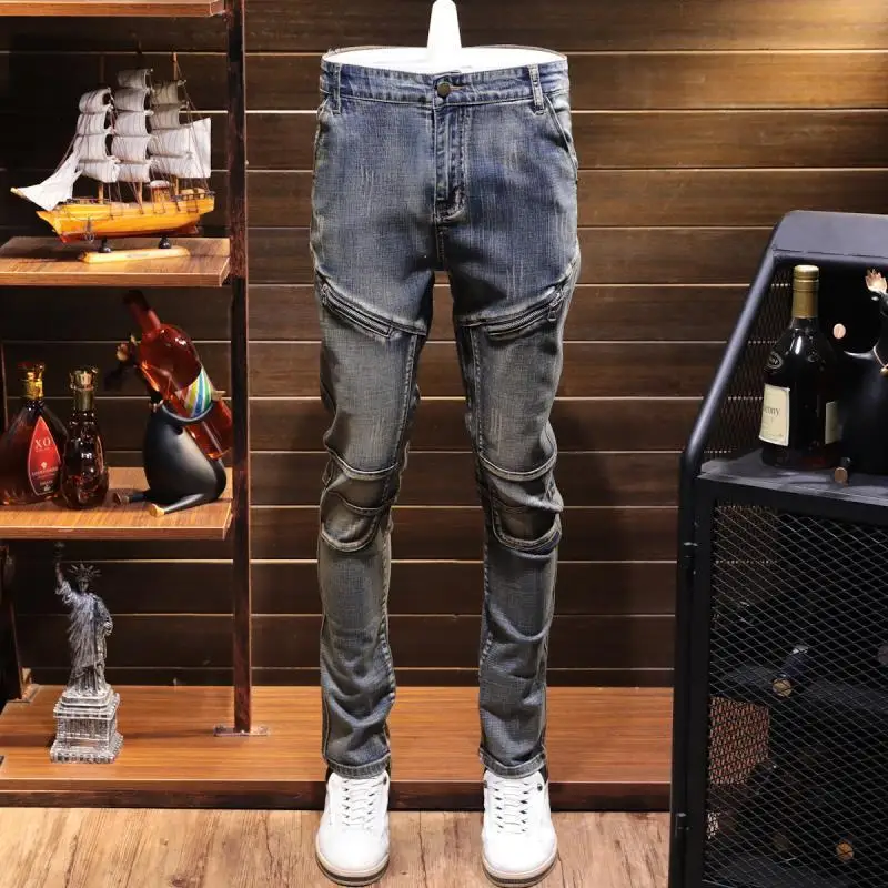 Retro Stitching Stretch Denim Jeans 2022 Autumn Winter Men\'s Motorcycle Slim Casual Designer Long trousers Fashion Cargo Pants