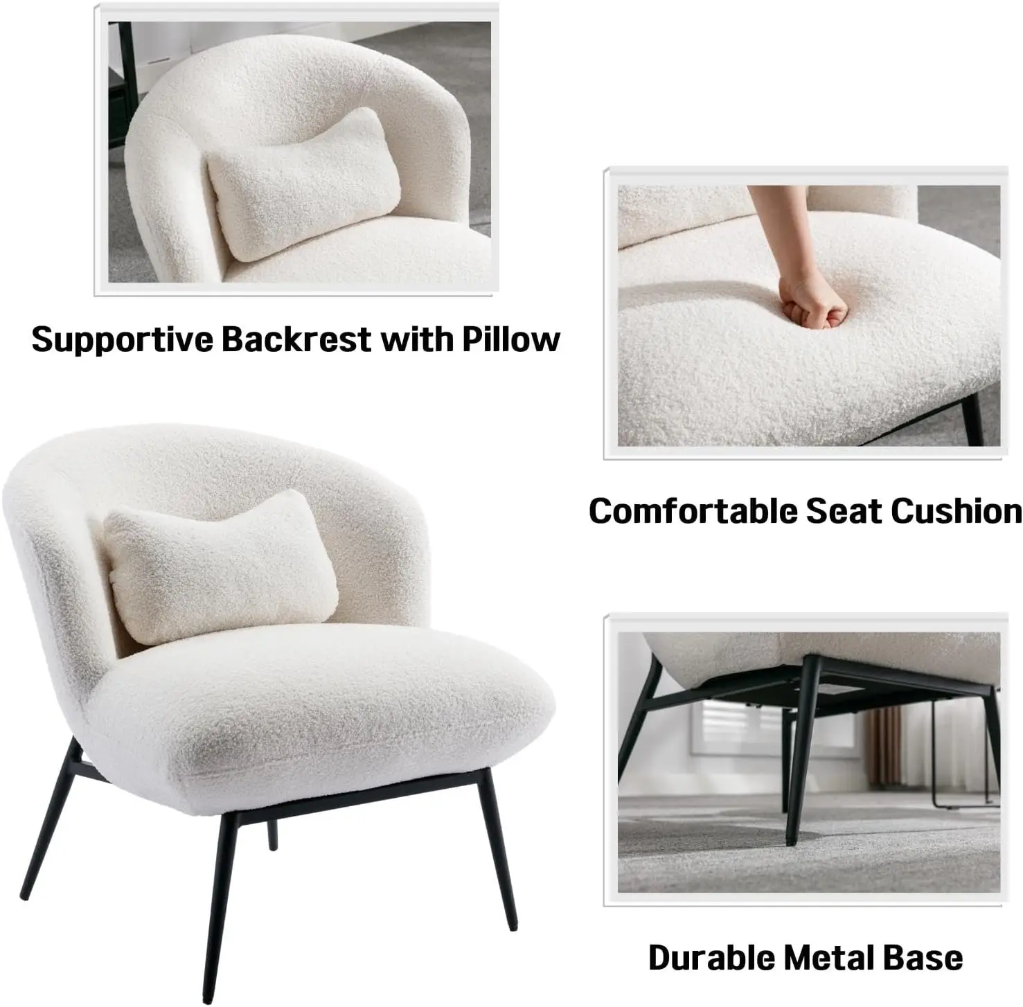 Boucle Single Sofa Chair Lounge Chair with Lumbar Pillow Metal Legs Slipper Chair for Living Room Bedroom Office, White