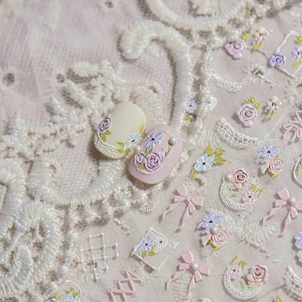 لطيف 5D مسمار الفن ملصقات روز زهرة متعدد الأنماط مسمار الشارات الدانتيل مانيكير صائق DIY الأظافر