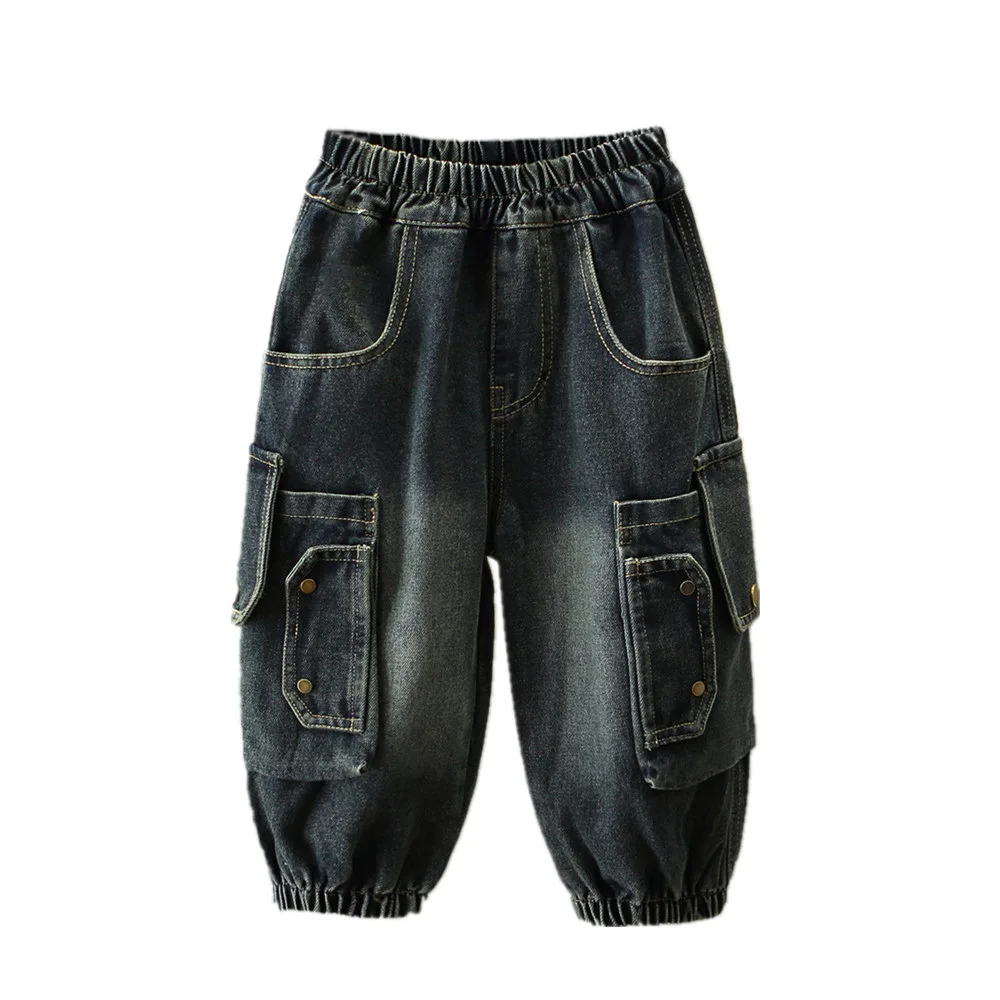 

Весенне-осенние высококачественные детские джинсы для мальчиков, джинсовые карманы, свободные брюки-карго с эластичной резинкой на талии для маленьких мальчиков, детские свободные брюки, От 2 до 10 лет