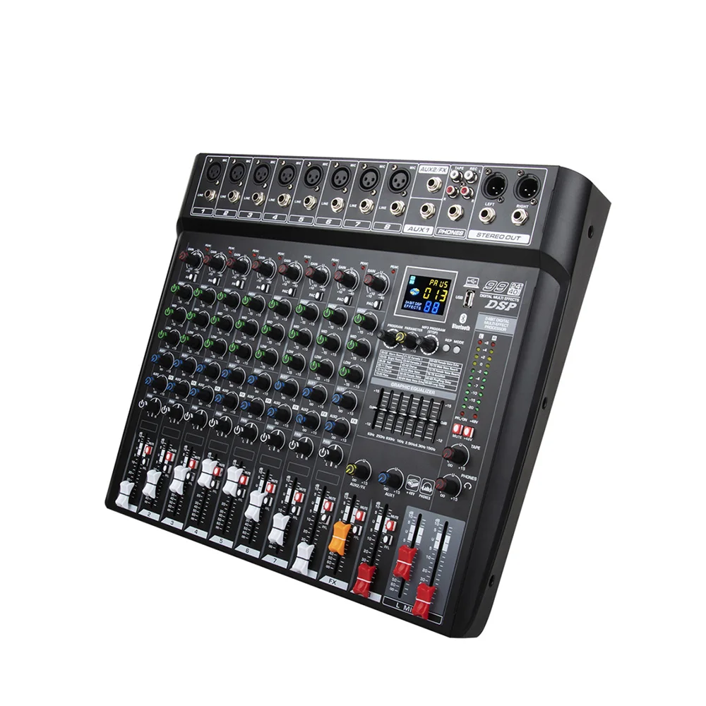 전문 8 채널 오디오 믹서 콘솔 99 DSP 블루투스 USB 컴퓨터 입력 48v 전원 공급 장치 번호 라이브 무대 성능