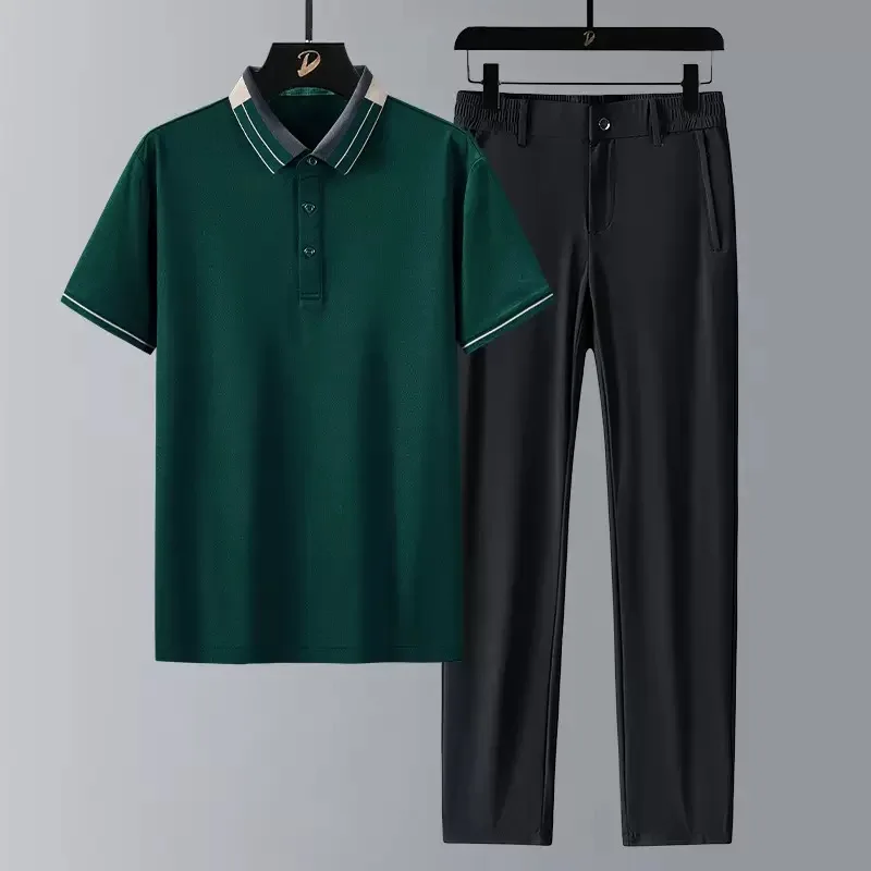Nouvel ensemble polo sport en soie glacée tendance pour homme, décontracté, ample, haute qualité, grande taille, deux pièces
