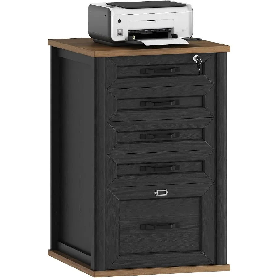 Farmhouse 5 Drawer File Cabinet with Lock, Wooden Filing Cabinet