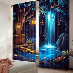 2Pcs Fantasy Curtain Enchanted Forest With Cave Waterfall And Magic Tree For Bedroom Living Room And Dining Room 29.53X65.35In,