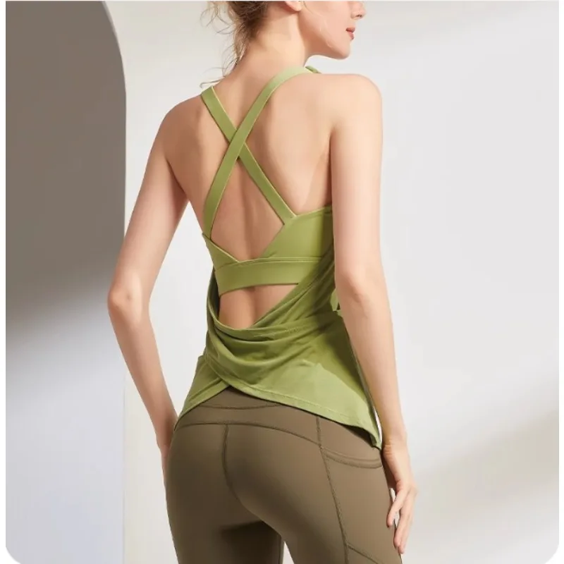 Women's Fake Two-Piece Fitness Vest Sports Top with Chest Pads Sleeveless T-Shirt for Running Training Gym Yoga Cross-Body Wear